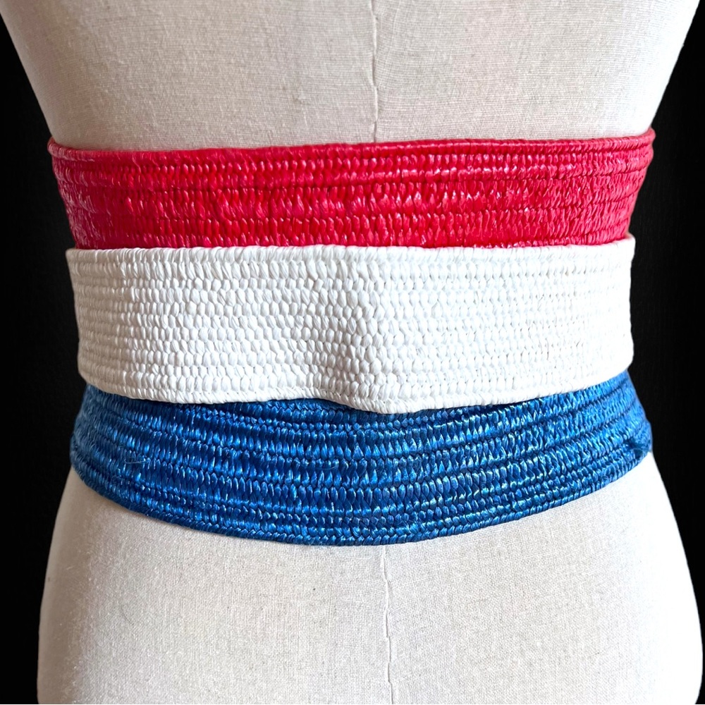 Vintage Lot of 3 Shell Buckle Red, White & Blue Wide Elastic Stretch Cinch Belts - Picture 3 of 10